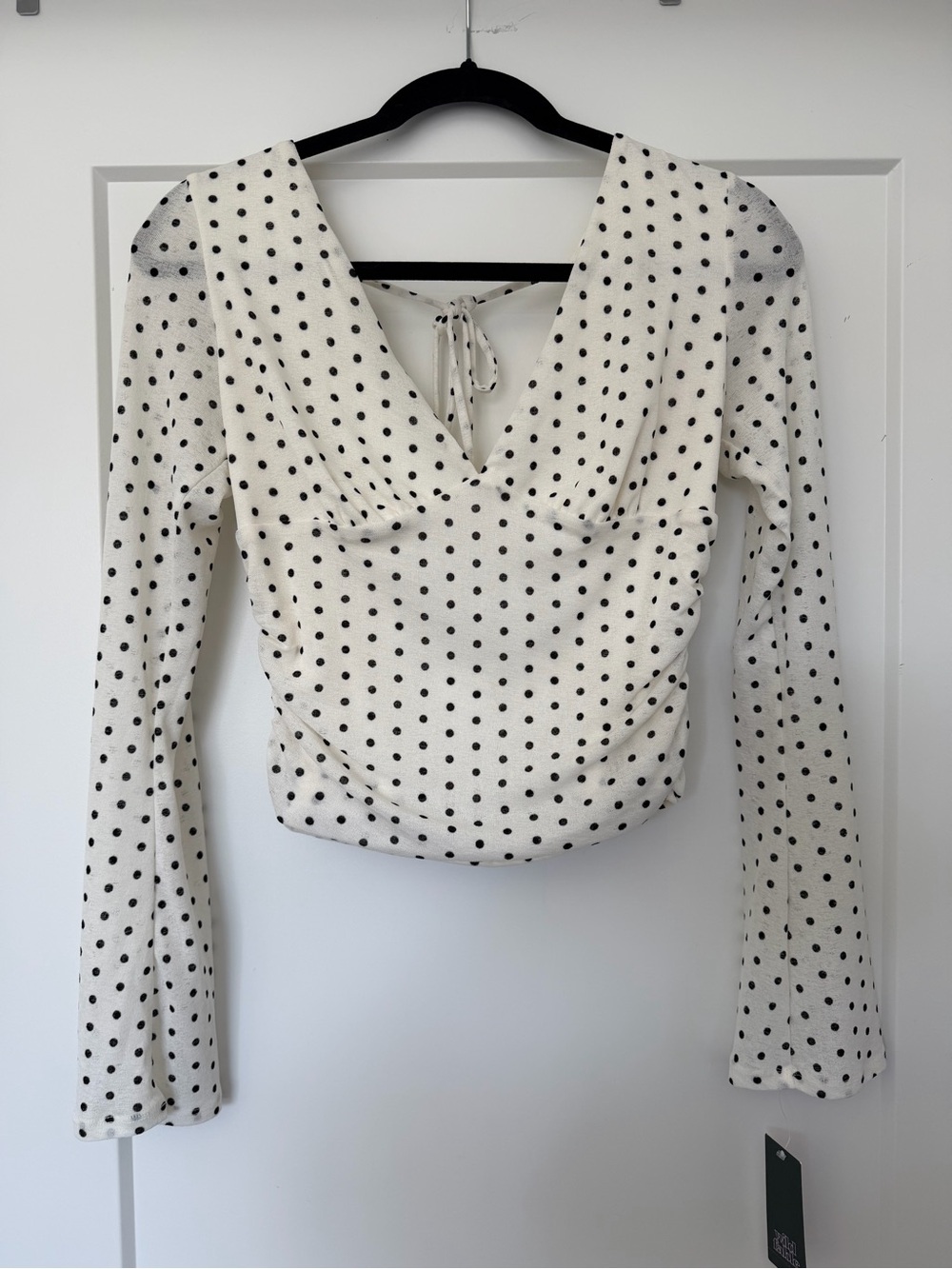Target White Long Sleeve V-Neck Top with Black Polka Dots